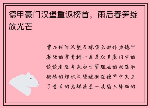 德甲豪门汉堡重返榜首，雨后春笋绽放光芒