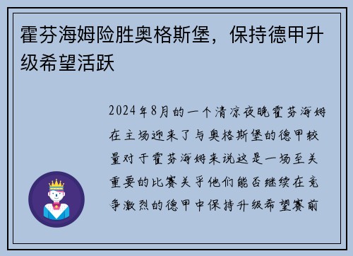 霍芬海姆险胜奥格斯堡，保持德甲升级希望活跃